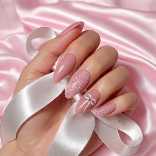 Cute Bow Glitter Press On Nails – Handmade Nude Pink Reusable Nail Art Set