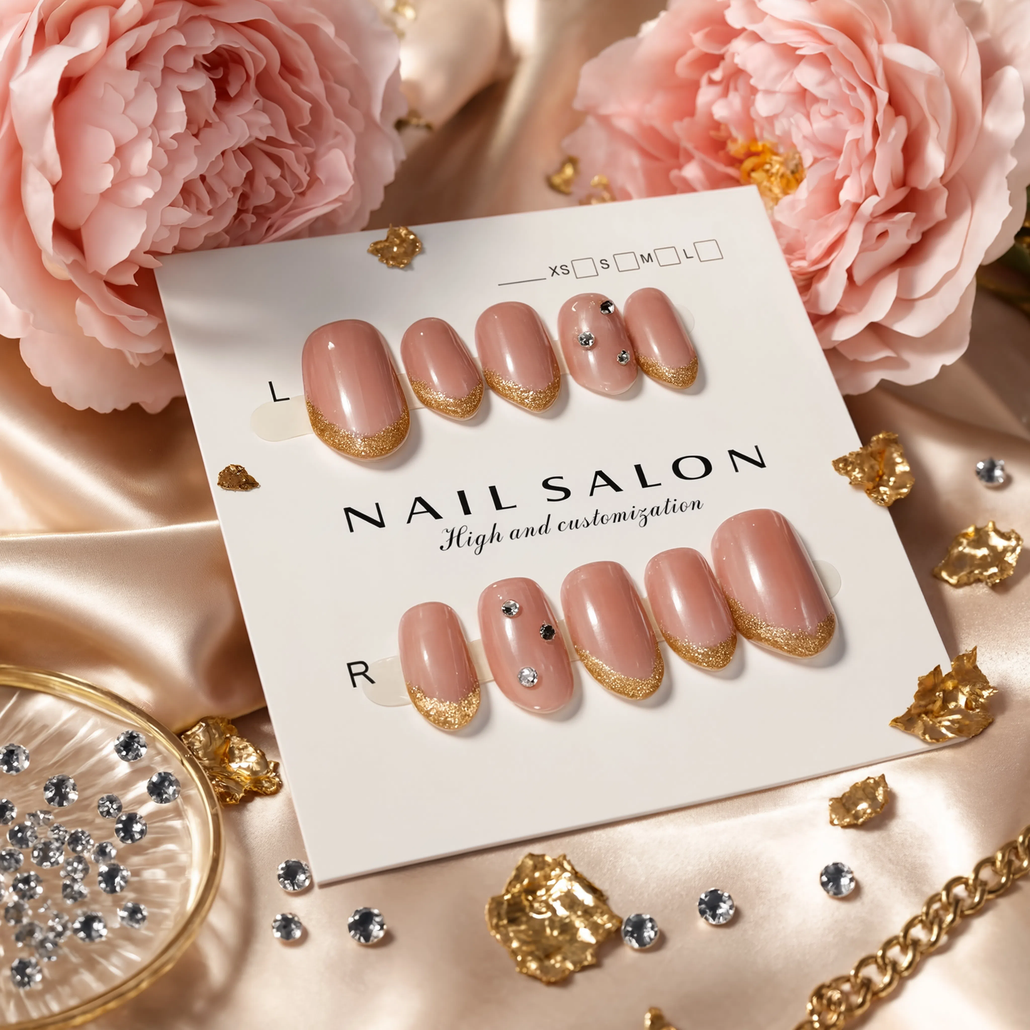 Luxury Nude Gold French Tip Press On Nails – Handmade Reusable Nail Art Set