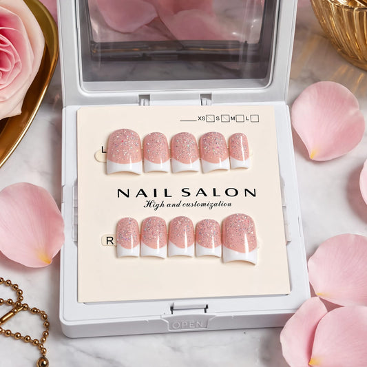 Premium Glitter French Tip Press On Nails – Reusable Nude Pink Fake Nails