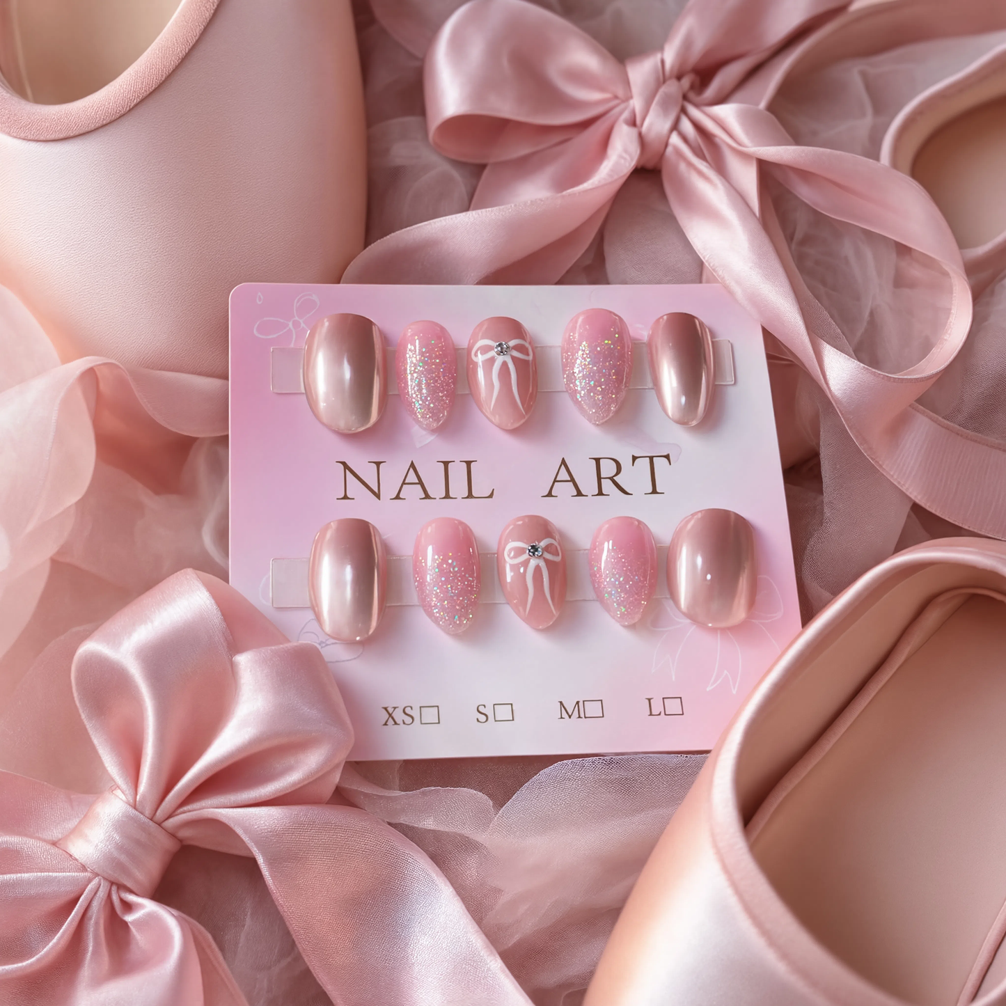 Cute Bow Glitter Press On Nails – Handmade Nude Pink Reusable Nail Art Set