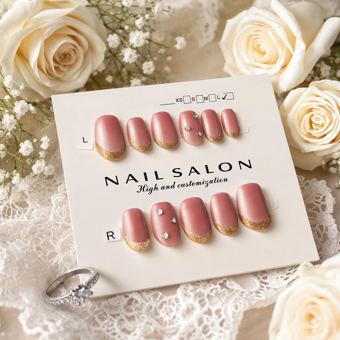 Luxury Nude Gold French Tip Press On Nails – Handmade Reusable Nail Art Set
