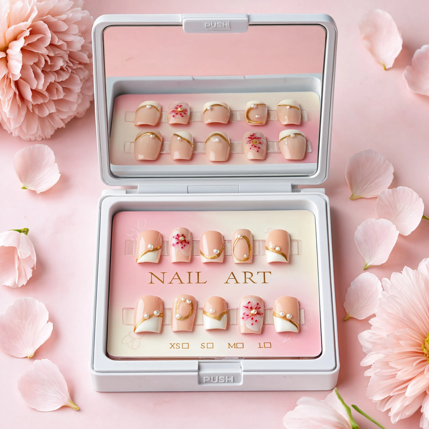 Elegant Floral Pearl Press On Nails – Nude French Tip Handmade Nail Art Set