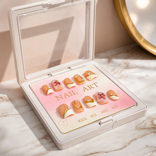 Elegant Floral Pearl Press On Nails – Nude French Tip Handmade Nail Art Set