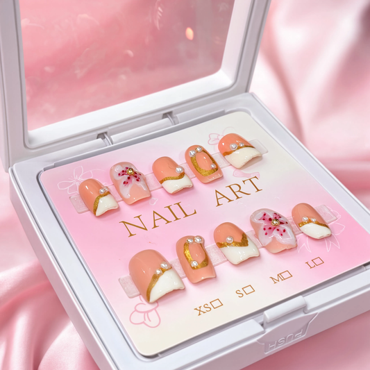 Elegant Floral Pearl Press On Nails – Nude French Tip Handmade Nail Art Set