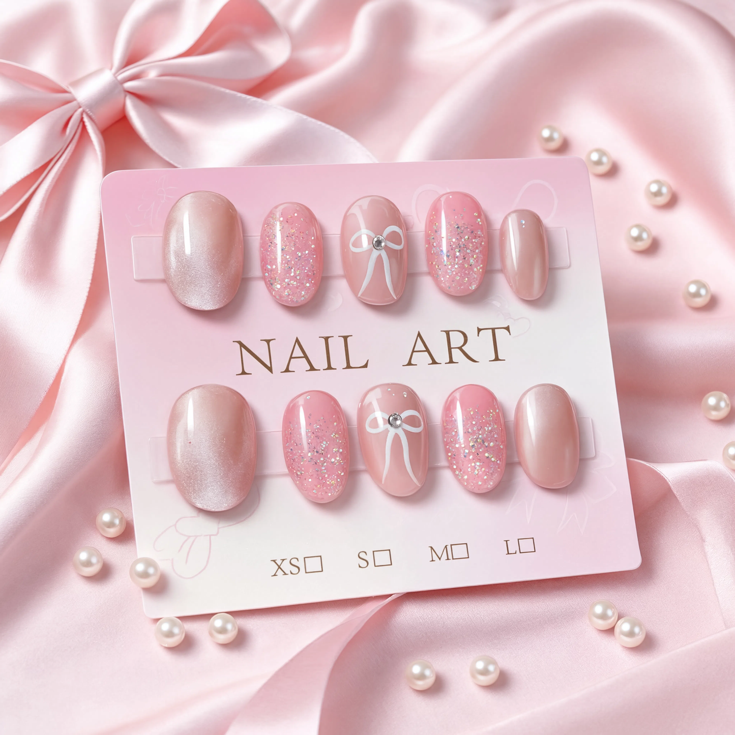 Cute Bow Glitter Press On Nails – Handmade Nude Pink Reusable Nail Art Set