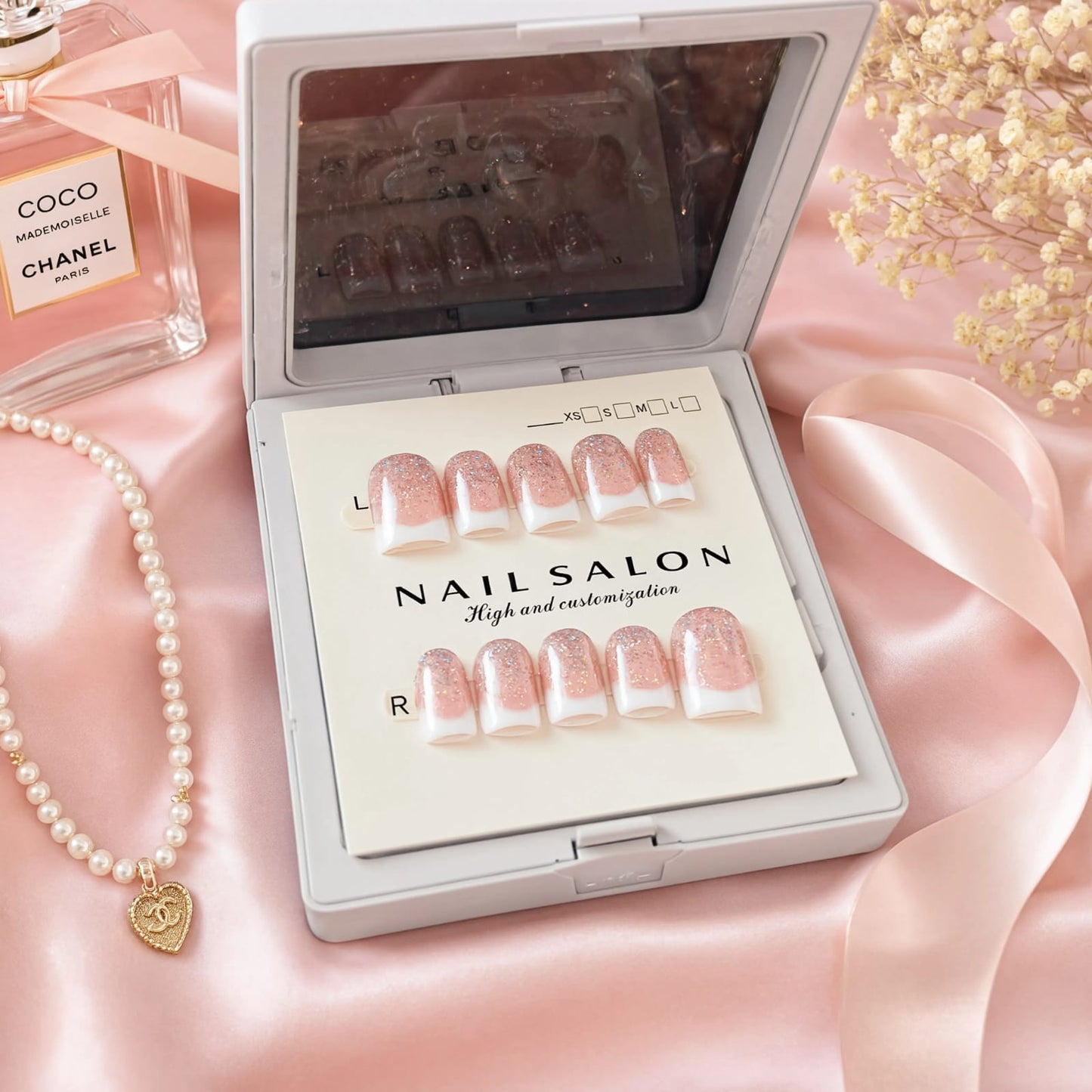 Premium Glitter French Tip Press On Nails – Reusable Nude Pink Fake Nails