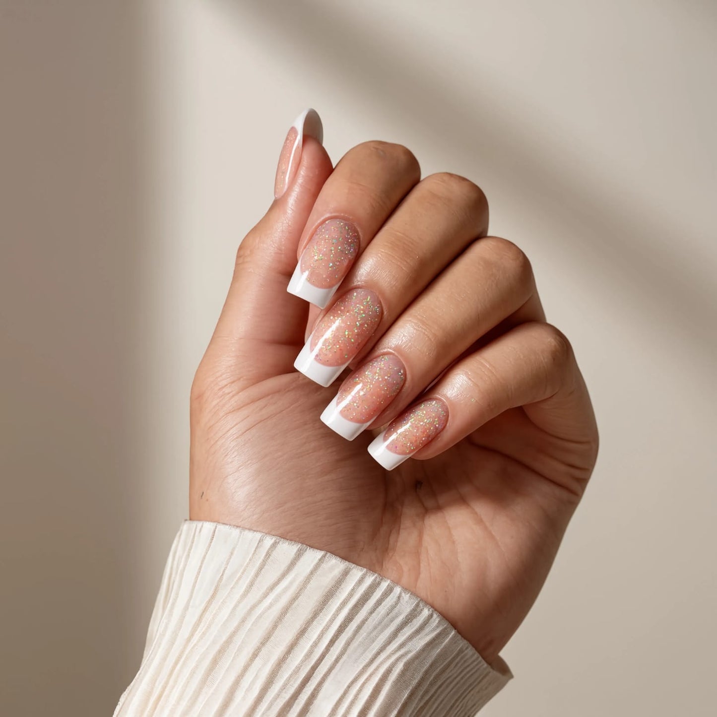 Premium Glitter French Tip Press On Nails – Reusable Nude Pink Fake Nails